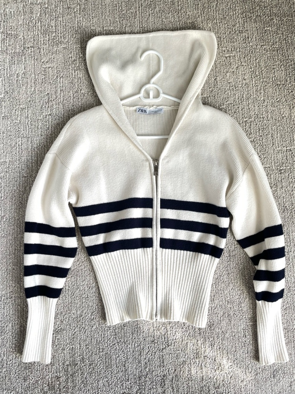 Zara Cream Hoodie Sweater with Navy Stripes